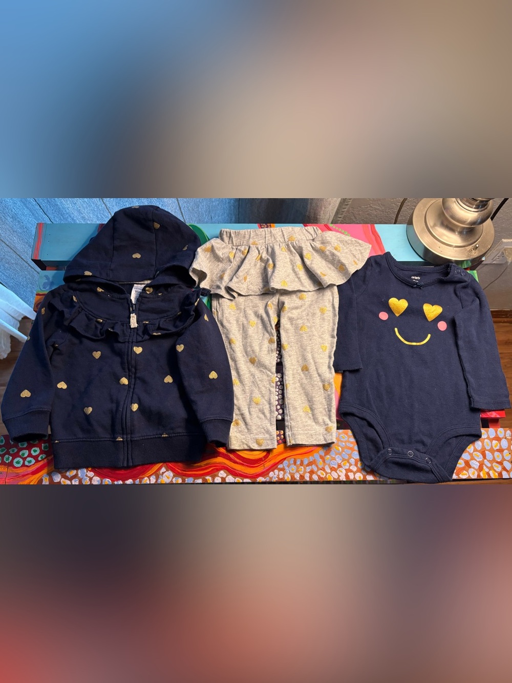 Carter's Navy & Gray Sweatpants Set with Gold Heart Accents